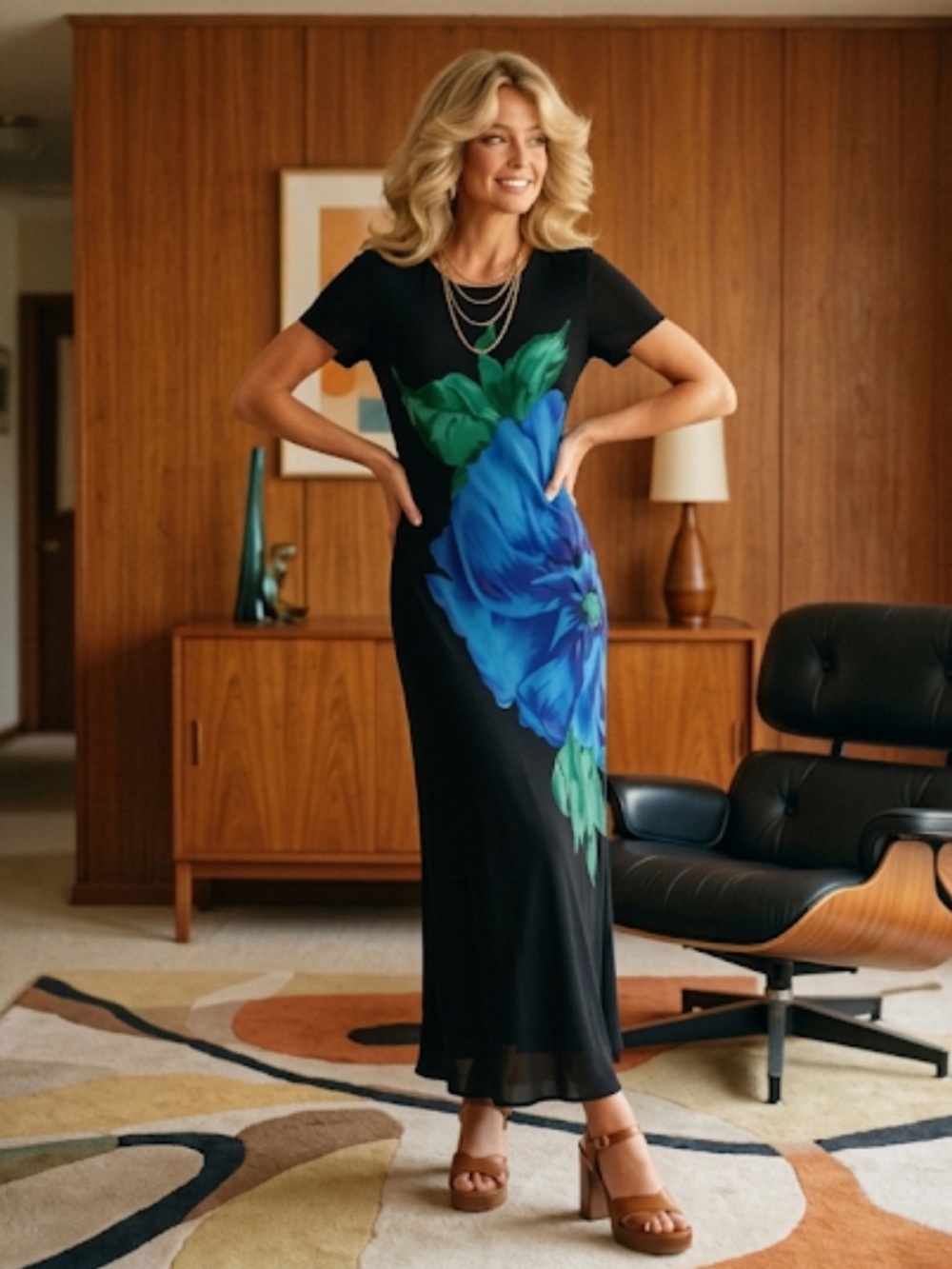 Jeffery and Dara Y2K Black Maxi Dress with Blue Floral Print